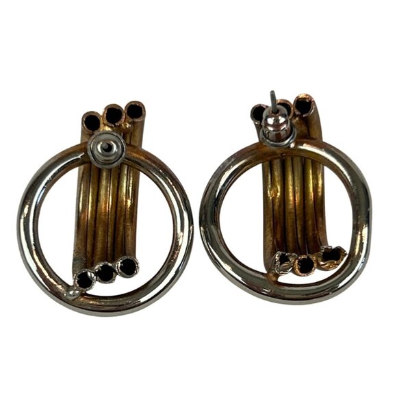 Vintage Tube Earrings Round Design Gold Silver Tone 80s Geometric - Picture 6 of 7